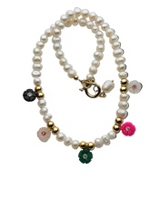 Load image into Gallery viewer, Pearl choker necklace set with 2 bracelets with inlaid flower gemstones with gold details.