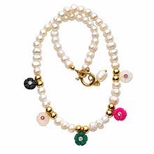 Load image into Gallery viewer, Flora pearl choker with gold-tone beads and five carved flower charms on a white background