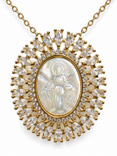 Load image into Gallery viewer, Aura | 18K Gold-Plated Virgin Mary Oval Necklace — pendant and chain close-up on white background