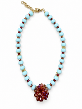 Load image into Gallery viewer, Brisa Escarlata aqua blue and red necklace alone on white background