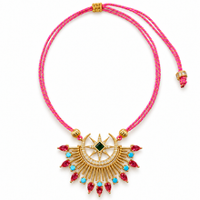 Cargar imagen en el visor de la galería, Celestia by Selig & Co. Fuchsia and gold cord, pink cubic zirconia teardrops, gold thread macrame sliding knot. White background.