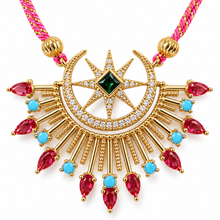 Cargar imagen en el visor de la galería, Celestia by Selig & Co. Close-up of pink cubic zirconia moon and star pendant. White background.