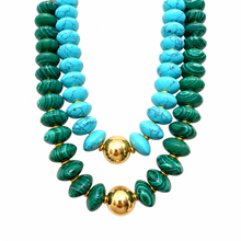 Cargar imagen en el visor de la galería, Lena turquoise and malachite-green stone necklaces with gold-tone focal beads on a white background