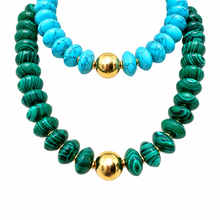 Cargar imagen en el visor de la galería, Close-up of Lena turquoise and malachite-green necklaces with gold-tone beads on white