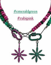 Cargar imagen en el visor de la galería, Bethlehem Star necklaces in emerald green and ruby pink, with crystal carabiners and star-flower pendants on white