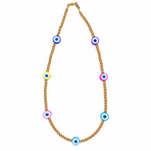 Cargar imagen en el visor de la galería, Cappadocia gold-tone beaded necklace with seven colorful evil-eye beads on a white background
