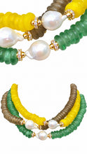 Cargar imagen en el visor de la galería, Sea Love necklaces on white, with a close-up of baroque pearls and a second view of the three sea-glass colors