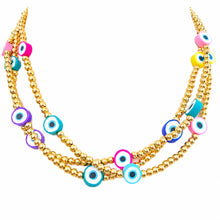 Cargar imagen en el visor de la galería, Cappadocia gold-tone bead necklaces with colorful evil-eye beads shown in layers against white
