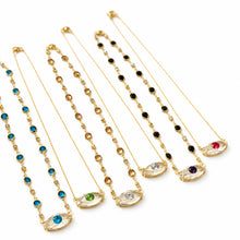Cargar imagen en el visor de la galería, Look at Me crystal evil-eye necklaces with gold-tone chains and colored crystal centers on white