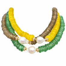 Cargar imagen en el visor de la galería, Sea Love sea-glass necklaces in yellow, smoky brown and green with baroque pearl accents on white