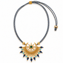 Cargar imagen en el visor de la galería, Celestia by Selig &amp; Co. Navy and gold cord, blue cubic zirconia teardrops, gold thread macrame sliding knot. White background.
