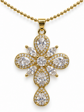 Load image into Gallery viewer, Divina | 18K Gold-Plated Floral Cross Necklace — pendant and chain close-up on white background
