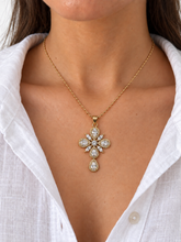 Load image into Gallery viewer, Divina | 18K Gold-Plated Floral Cross Necklace — worn on a model

