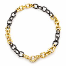 Cargar imagen en el visor de la galería, Contraste two-tone gold and gunmetal oval-link necklace with stone-accented front clasp on white
